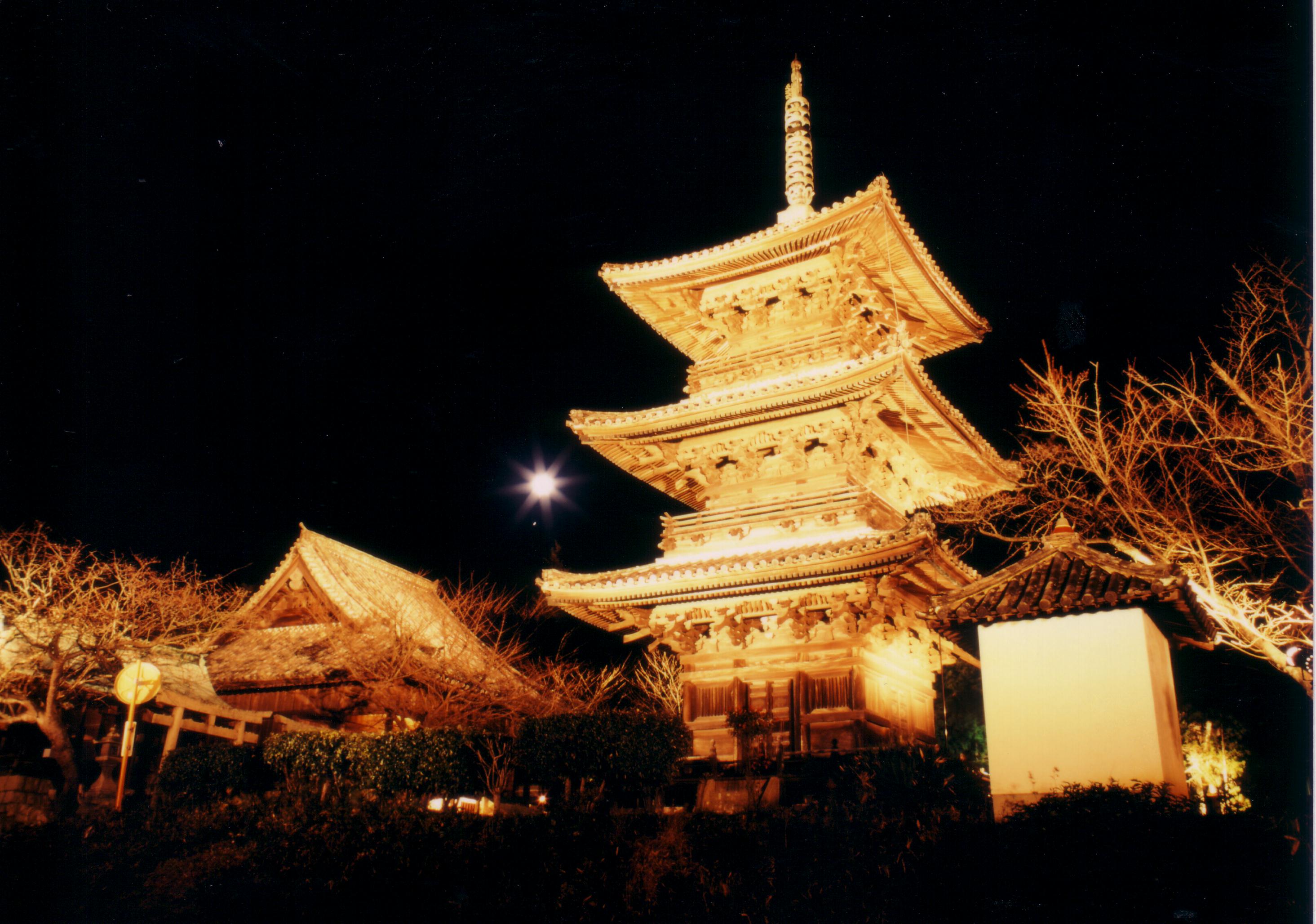 Pagoda lit up at night
