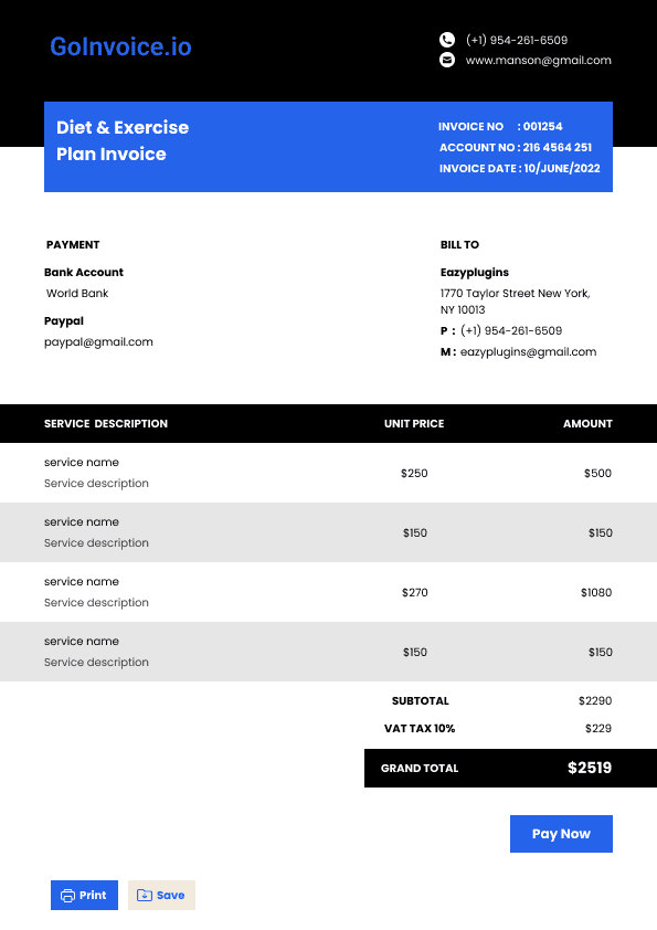 Diet & Exercise Plan Invoice