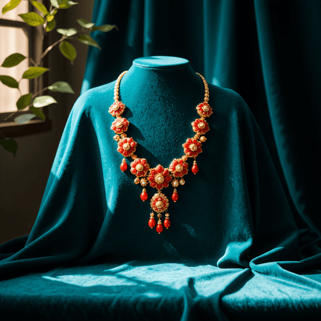 product photography of a decorative necklace with floral designs