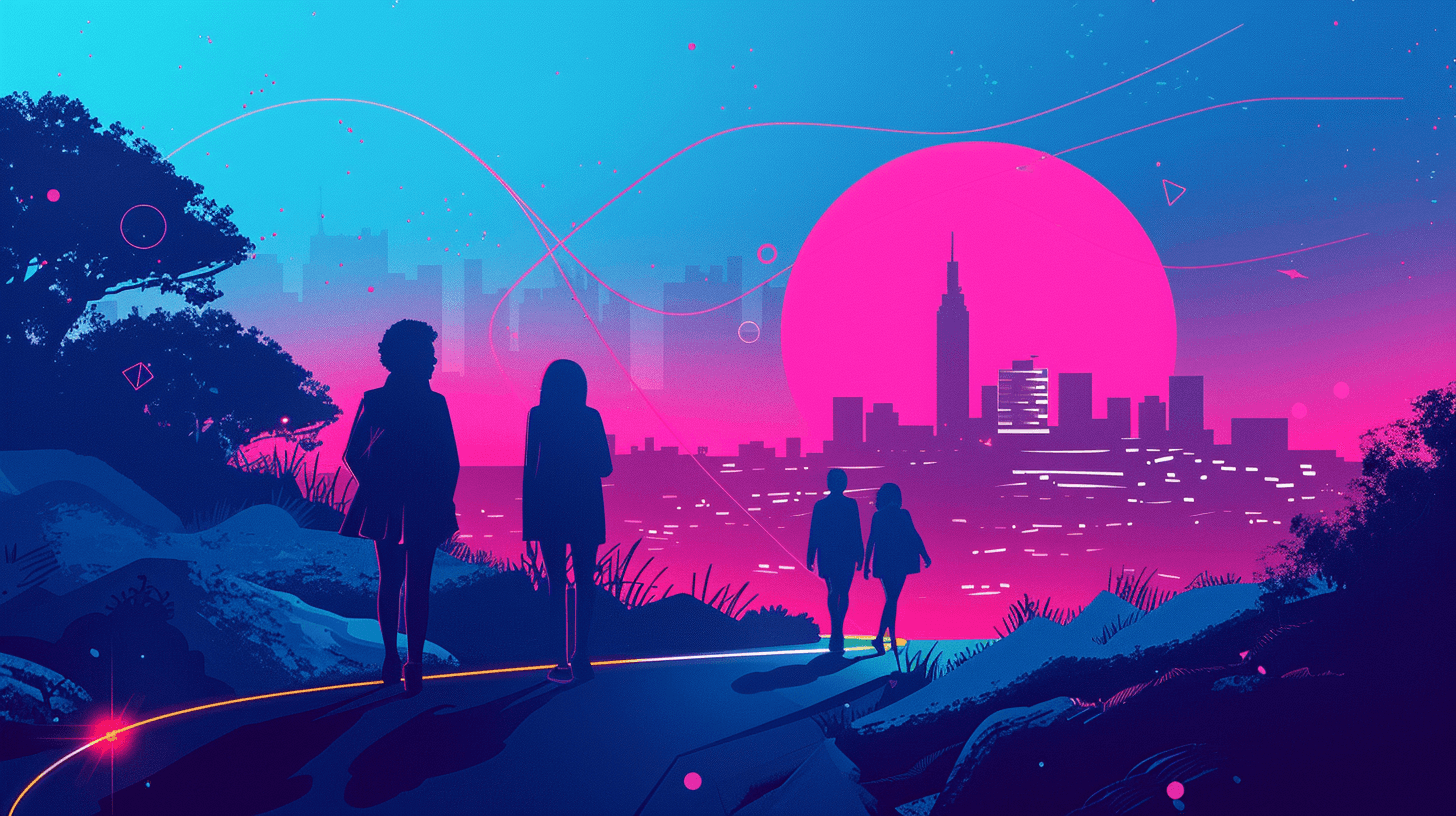 Graphic showing people in a park walking in front of Johannesburg skyline