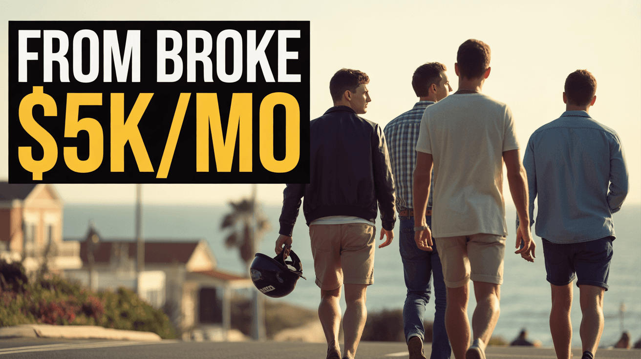 Group walking at sunset by seaside road with From Broke $5K/MO headline