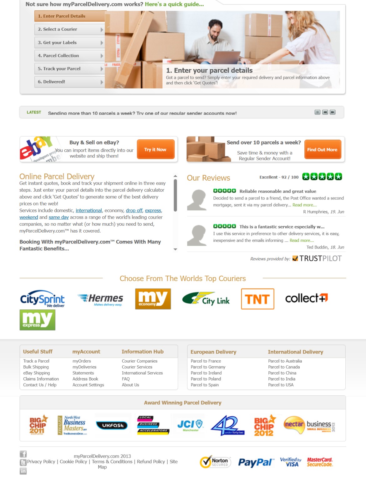 Bottom half homepage screengrab of myparceldelivery.com from 2013