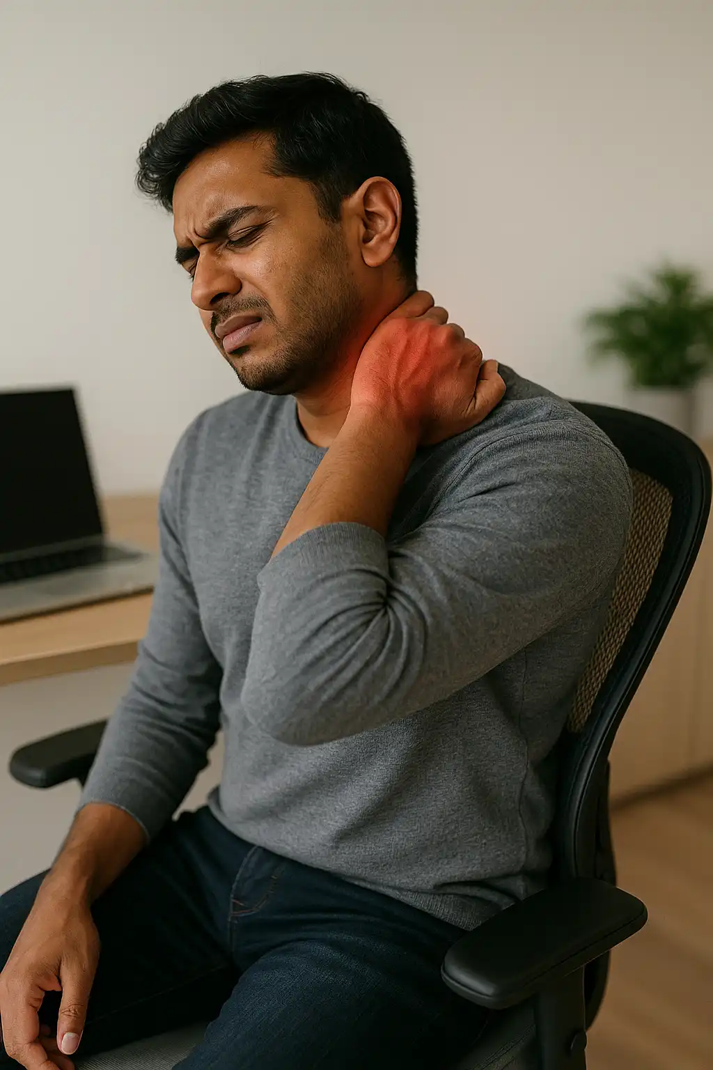 A person illustrating chronic stress on the spine and surrounding muscles from long-term poor posture, highlighting tension, stiffness, or muscular strain.