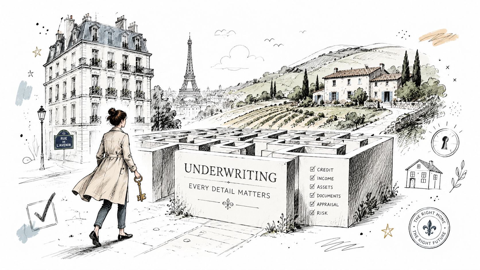 A woman walks toward a maze representing the complex mortgage underwriting process, featuring a checklist of requirements.