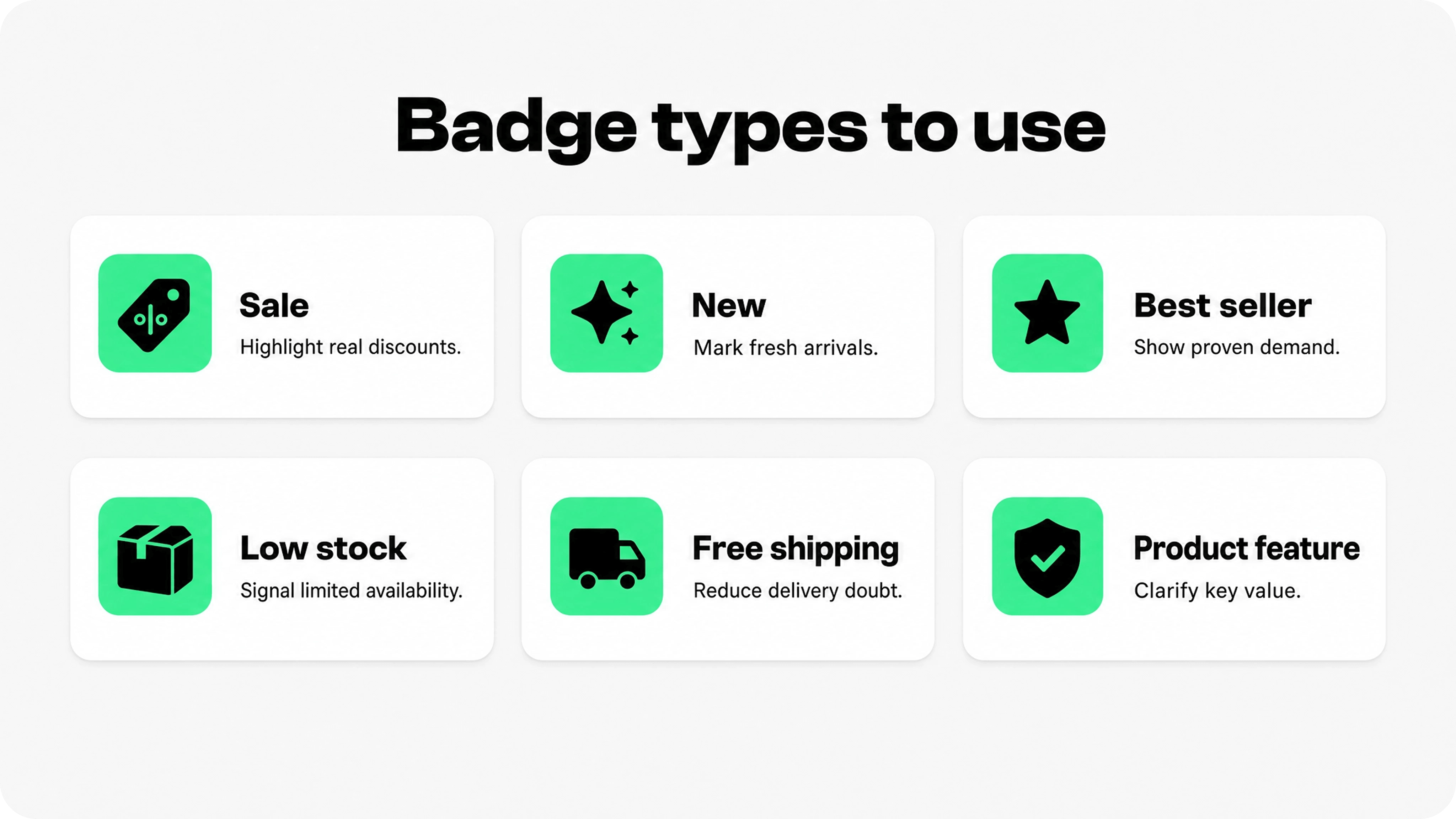 Shopify product badge examples including sale, new, best seller, low stock, free shipping, and product feature