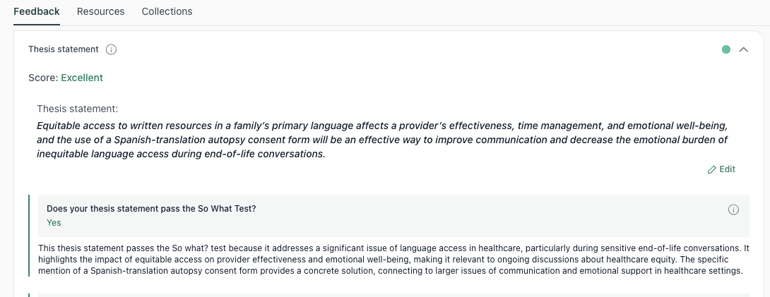 Updated thesify feedback showing improved coverage and clearer significance after revising an autopsy consent abstract with grouped survey results