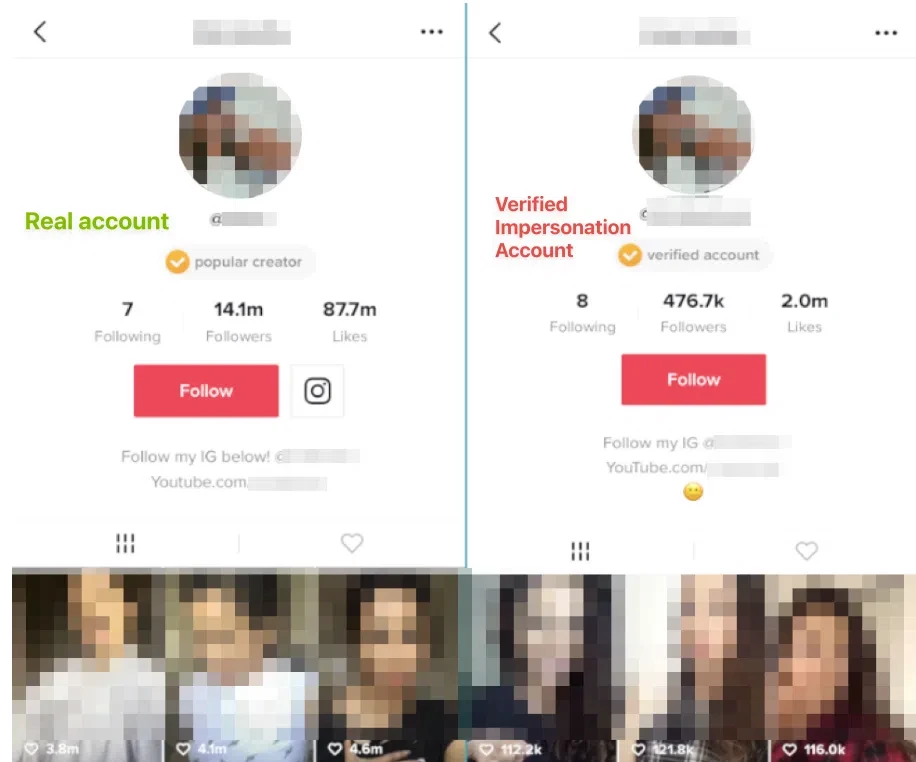 Screenshot of two TikTok accounts. On the left is a genuine account and on the right is a fake account pretending to be the account on the left.
