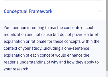Paperpal feedback card on the conceptual framework, advising the writer to briefly explain cool mobilization and hot cause in the context of the study.