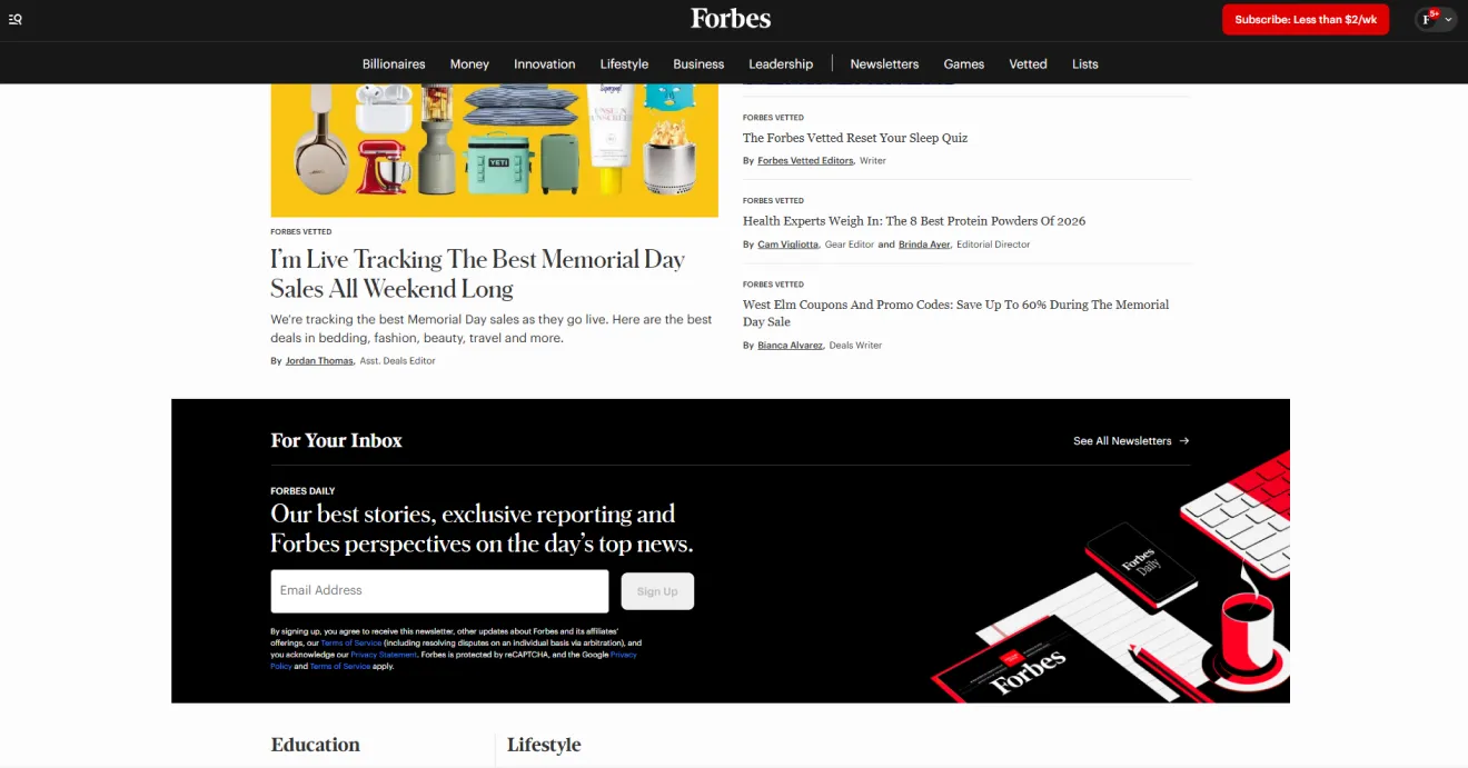 Forbes inline embedded newsletter subscription block