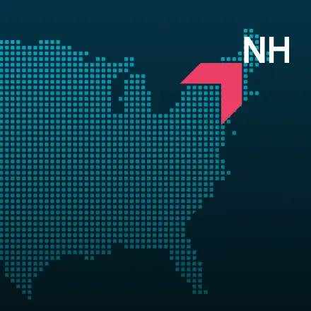 Map highlighting New Hampshire with a red arrow, representing GIA Group, LLC truck insurance coverage area.