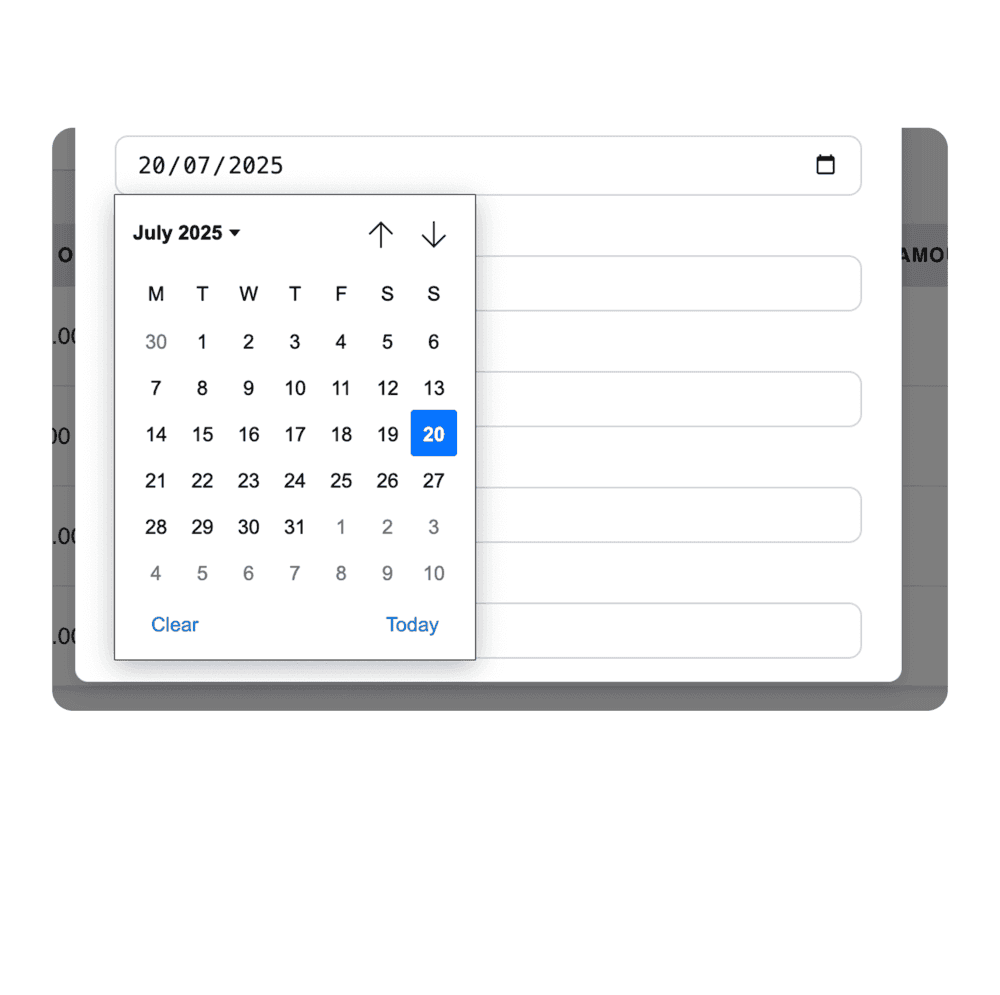 Calendar showing July 2025 with the 20th highlighted.  A date can be selected using the dropdown.