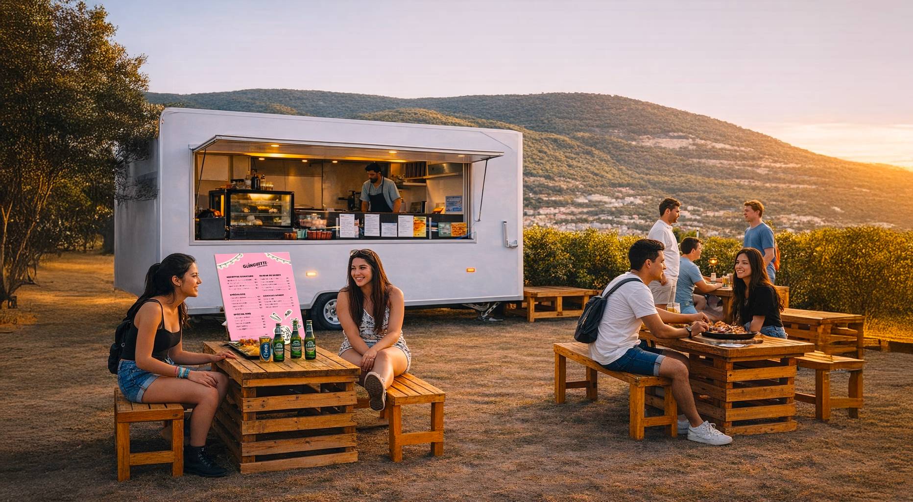 Food truck installé pour un événement avec service de restauration mobile et ambiance conviviale.