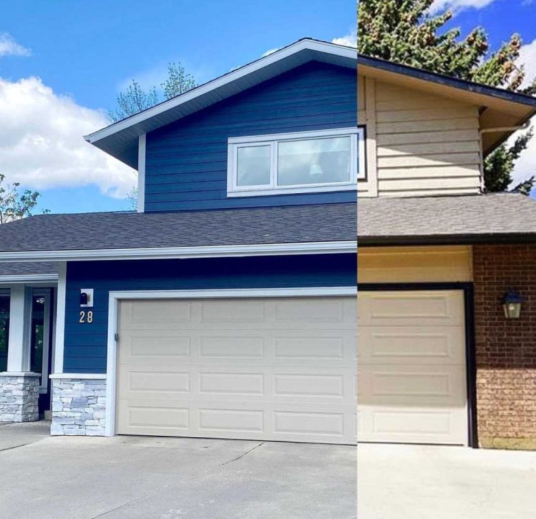 before-after-exterior-siding-upgrade-blue-lap-siding-white-trim-calgary