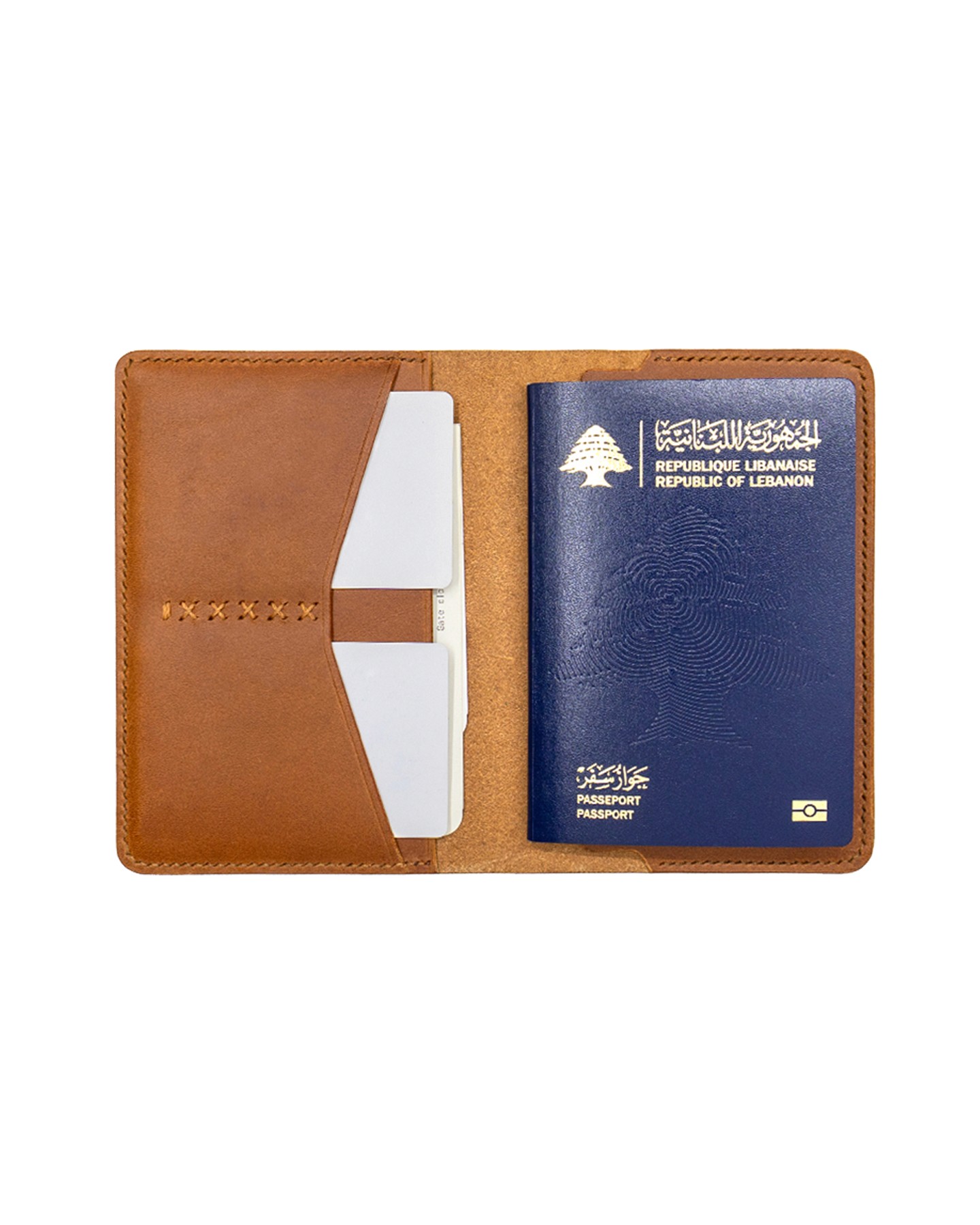 Crosstitch Leather money envelope with cash and cards inside, made from full-grain brown leather with handcrafted stitching.