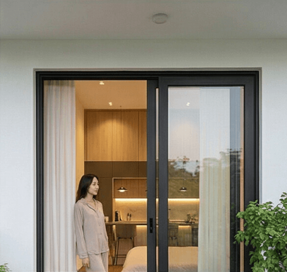 Eine Frau entspannt auf dem privaten Balkon ihres Schlafzimmers in der Bahnhofstraße 31. Sie sitzt in einem Loungesessel und genießt den Weitblick über das Remstal bei Sonnenaufgang.