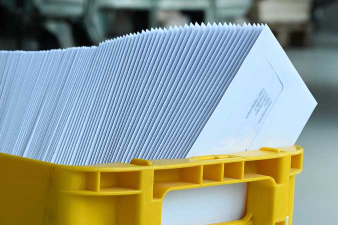 Envelopes freshly inserted sitting inside a yellow bin.