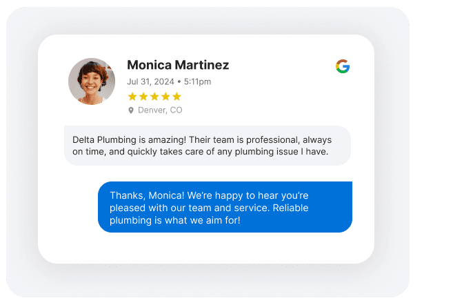 Google review for a plumbing business with an AI-generated response thanking the customer for their positive feedback.