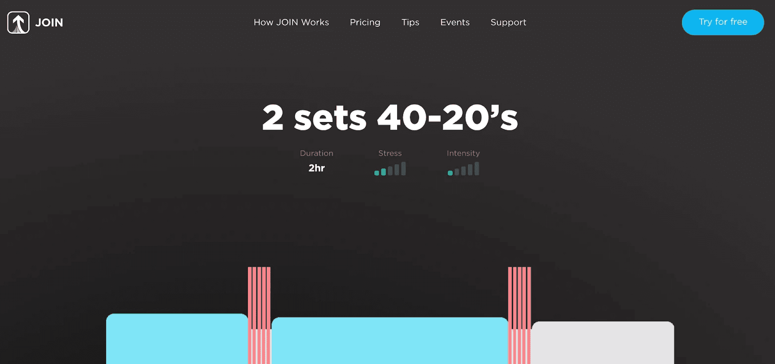 Screen image of JOIN workout 2 sets of 40-20s