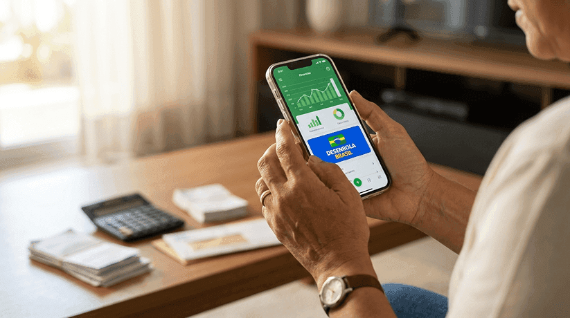Pessoa utilizando smartphone para acessar o aplicativo do FGTS e do programa Desenrola em um ambiente doméstico iluminado.