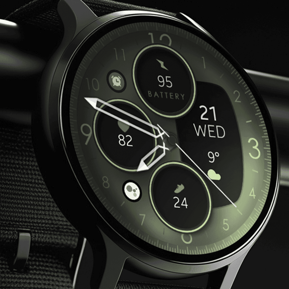 Modern Wear OS smartwatch displaying a rose gold watch face