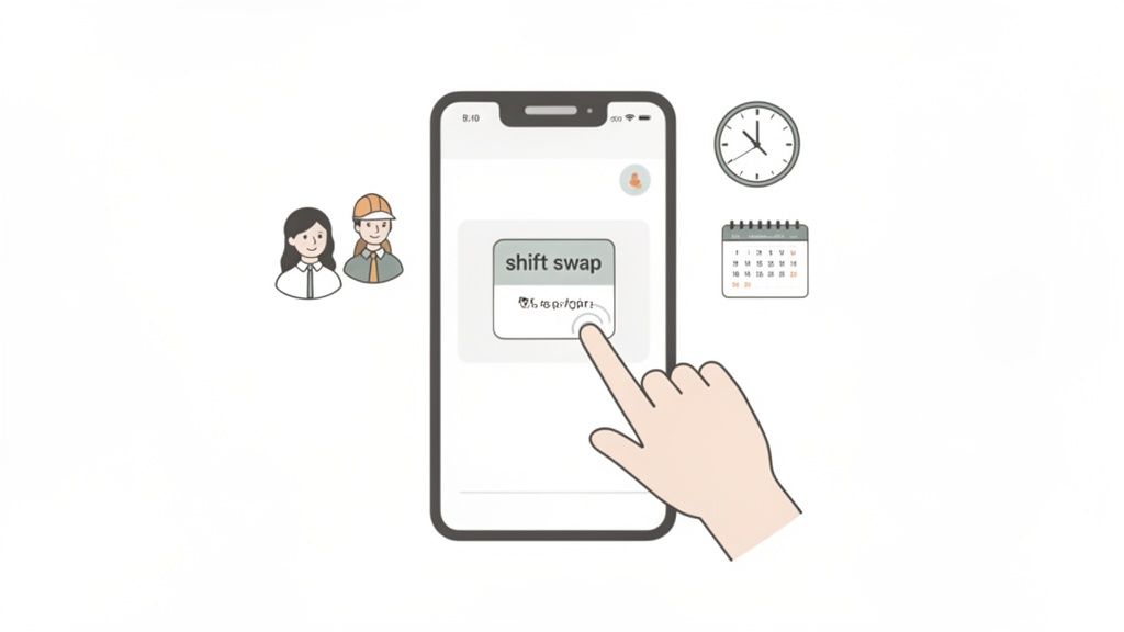 A hand taps a smartphone screen displaying 'shift swap', accompanied by cartoon people, a clock, and a calendar.