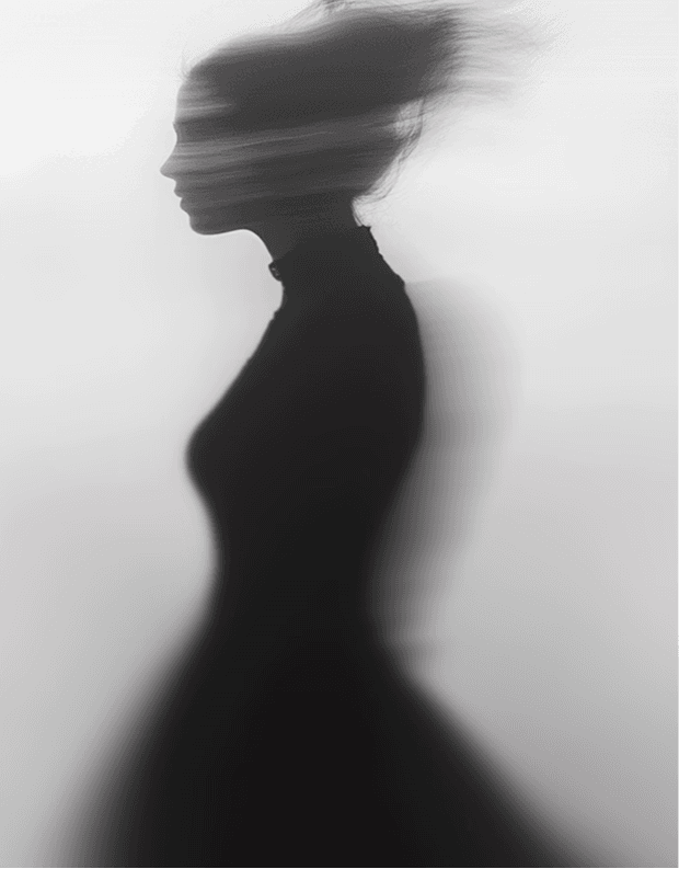  A woman in a flowing dress is captured mid-motion, conveying a sense of grace and movement.