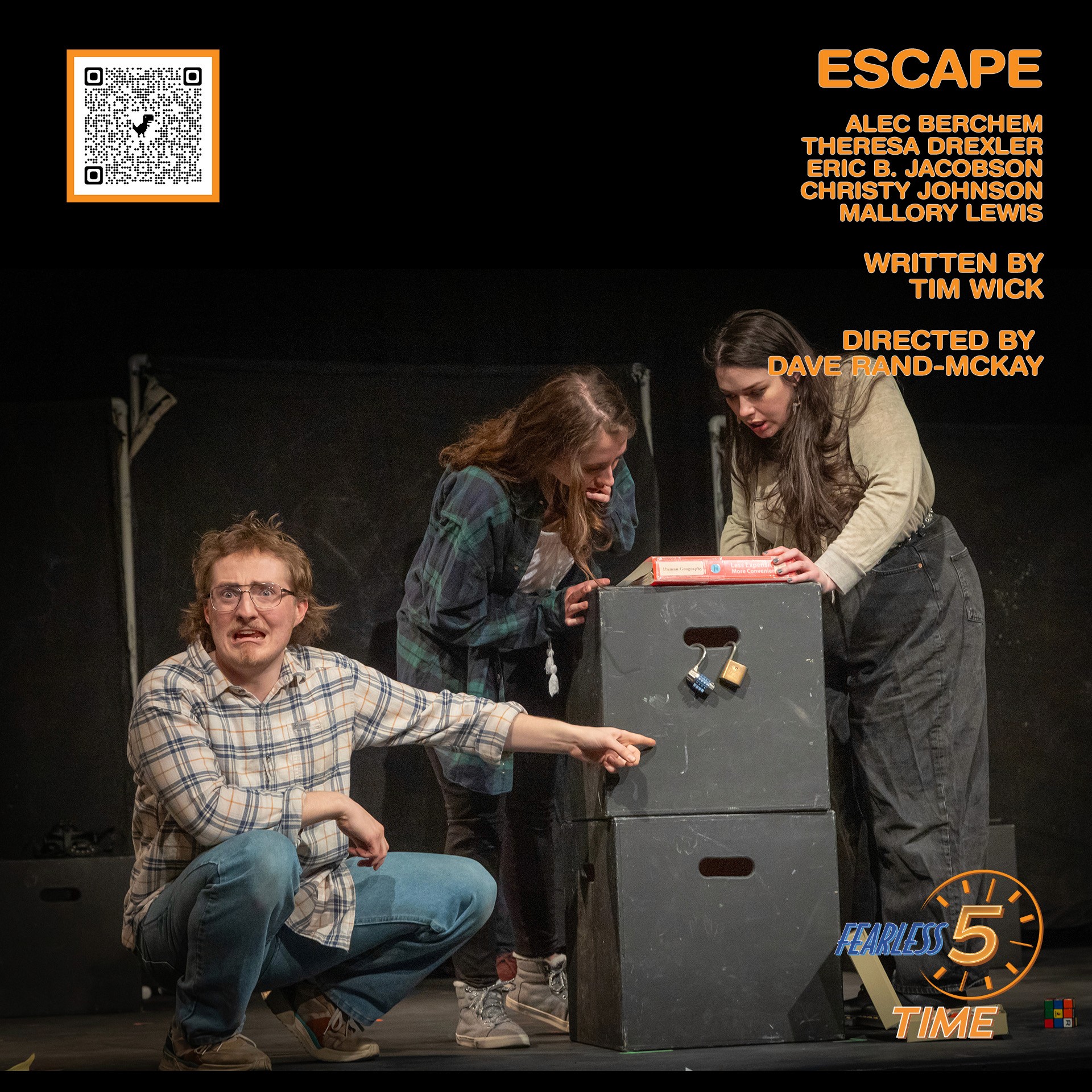 Promotional theater graphic titled Escape, showing three actors huddled around a black prop box.