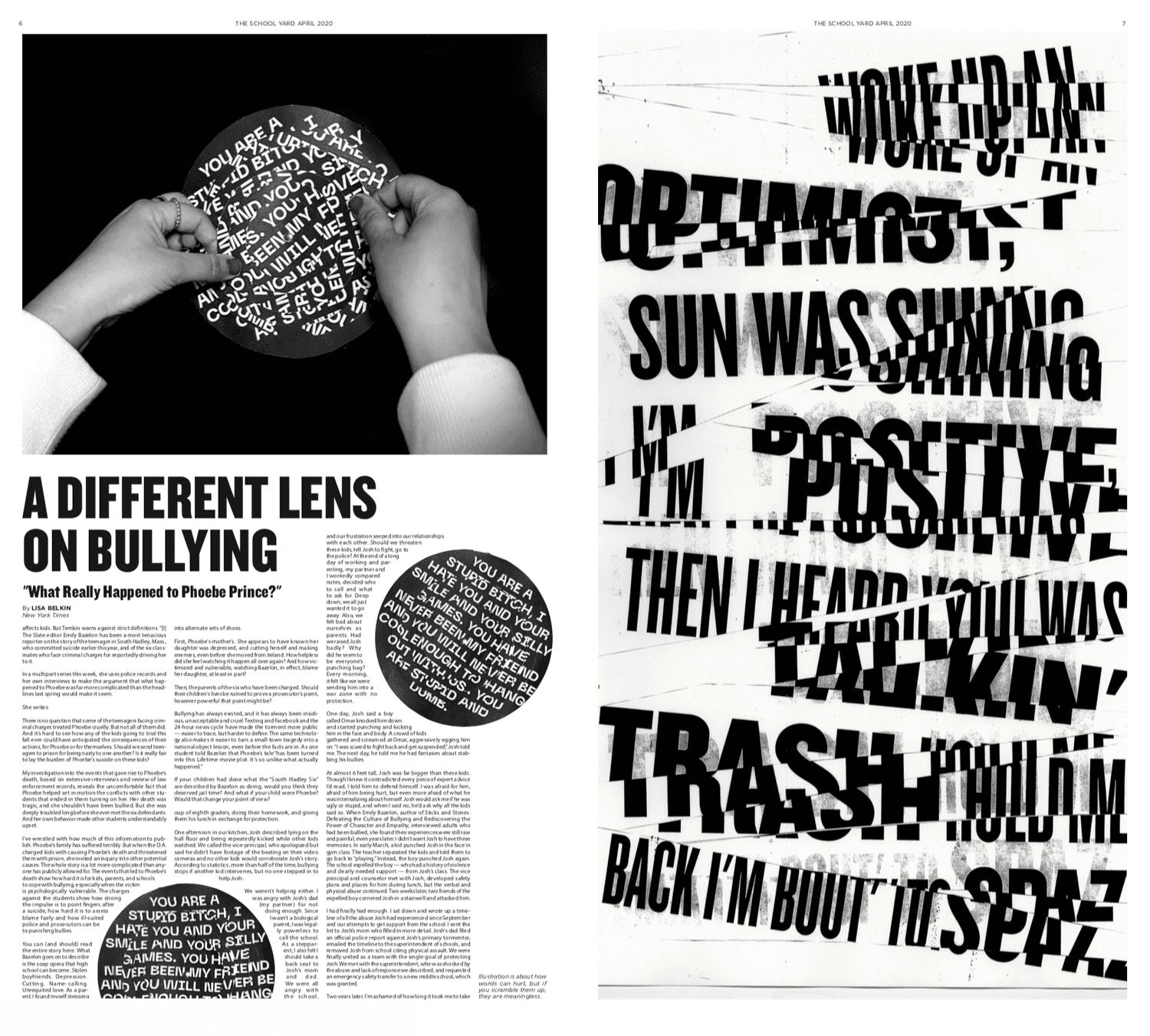 An opened newspaper with articles and some pictures showing some shredded paper with text. There is also a black and white photo of two hands sticking some labels on a round paper.