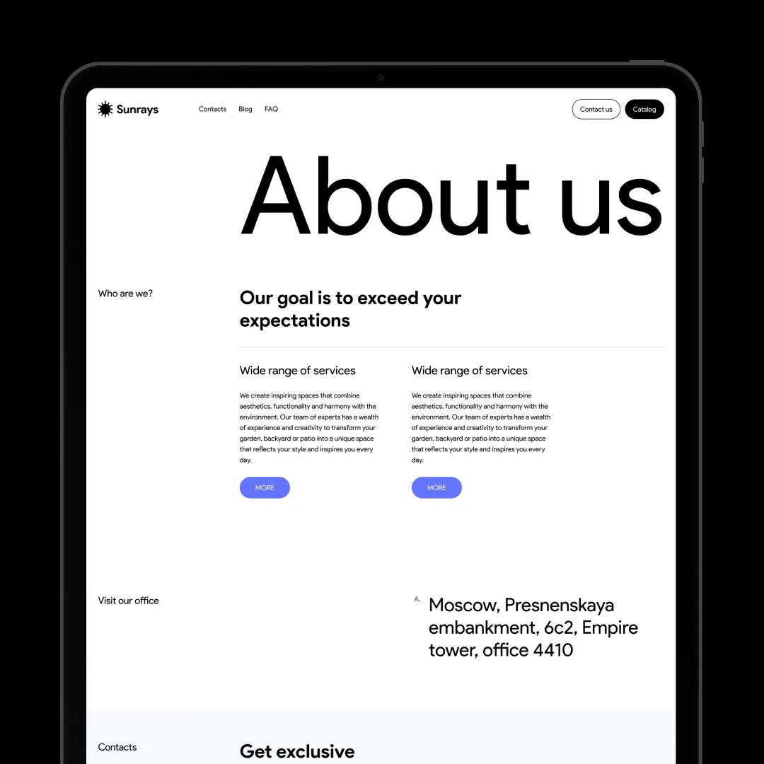 Sunrays about us page UI design with company information and services overview