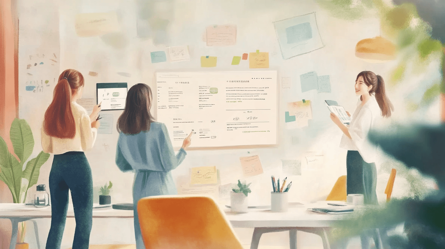 Three women collaborate in a bright office. Two women face a large screen with text, holding tablets. One woman stands on the right, looking at notes.