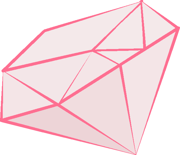 A geometric pink crystal shape with sharp edges and facets, set against a simple background.