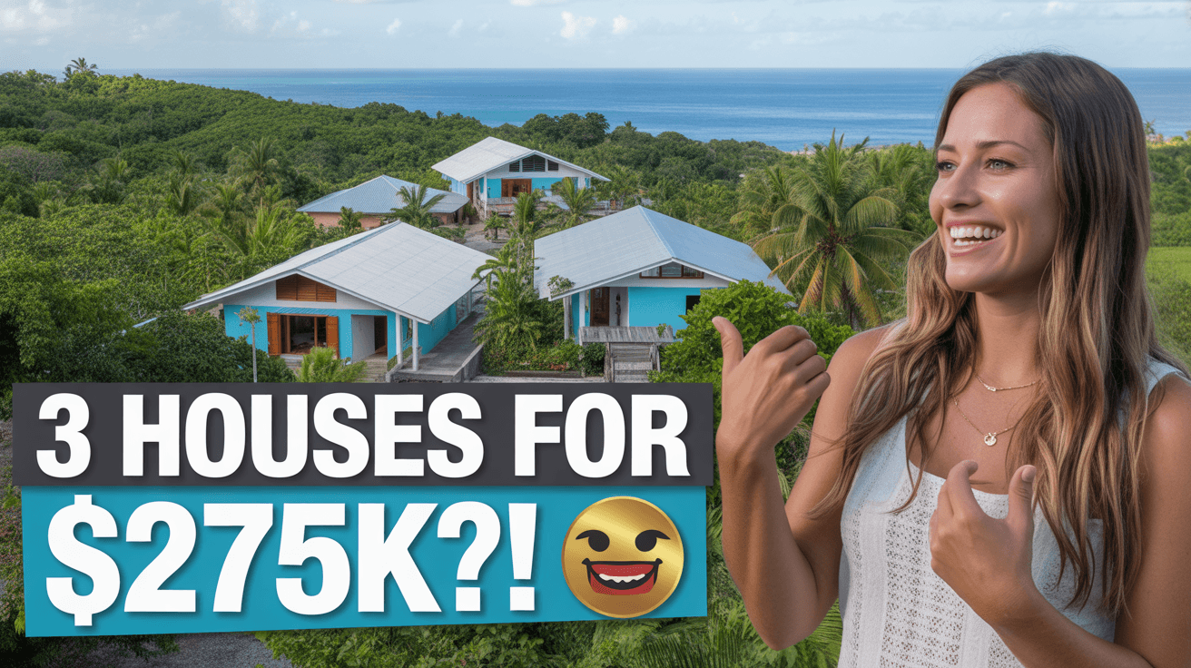 Smiling woman beside tropical three-house property with ocean view and 3 Houses for $275K text
