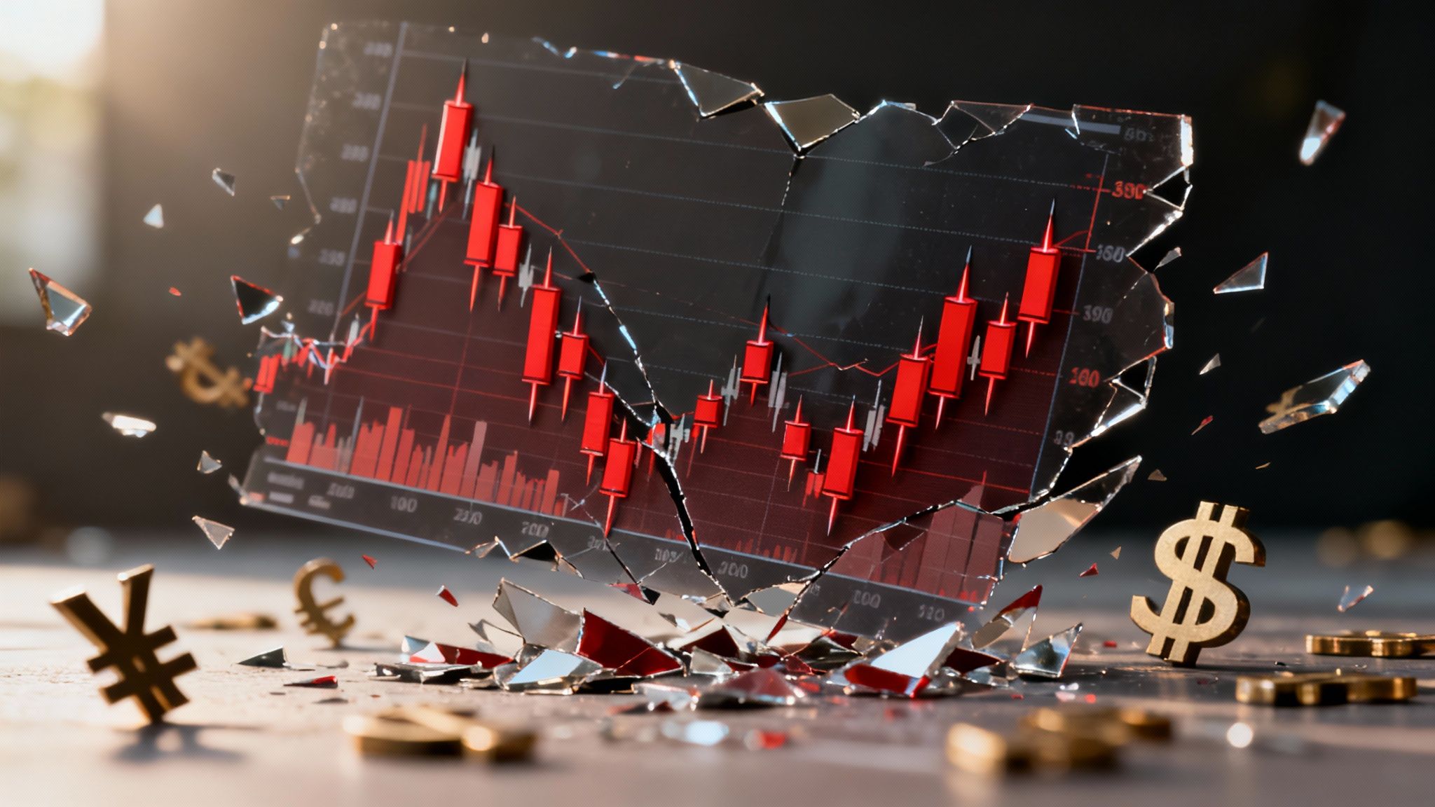 Trader looking stressed at a screen showing a downward trending chart
