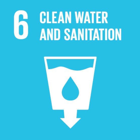 The image represents the sixth United Nations Sustainable Development Goal (SDG 6), which is "Clean Water and Sanitation." It features a light blue background with the text "6 Clean Water and Sanitation" at the top. Below the text, there is a simple white icon of a glass of water with a droplet in the center, symbolizing the importance of clean water and sanitation. This goal emphasizes ensuring availability and sustainable management of water and sanitation for all.