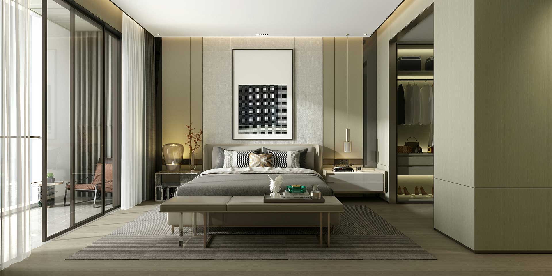 Modern luxury bedroom with a large bed, stylish decor, open walk-in closet, and floor-to-ceiling glass doors leading to a balcony