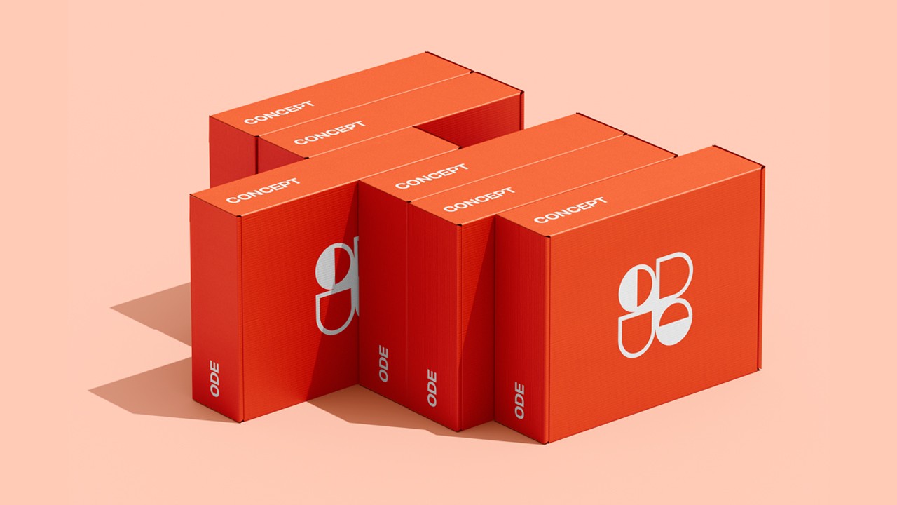 Five interlocking red-orange shipping boxes on a pale peach background, each marked “CONCEPT” on the top panel, “ODE” down the side, and featuring a minimalist white geometric “ODE” logo on the front faces.