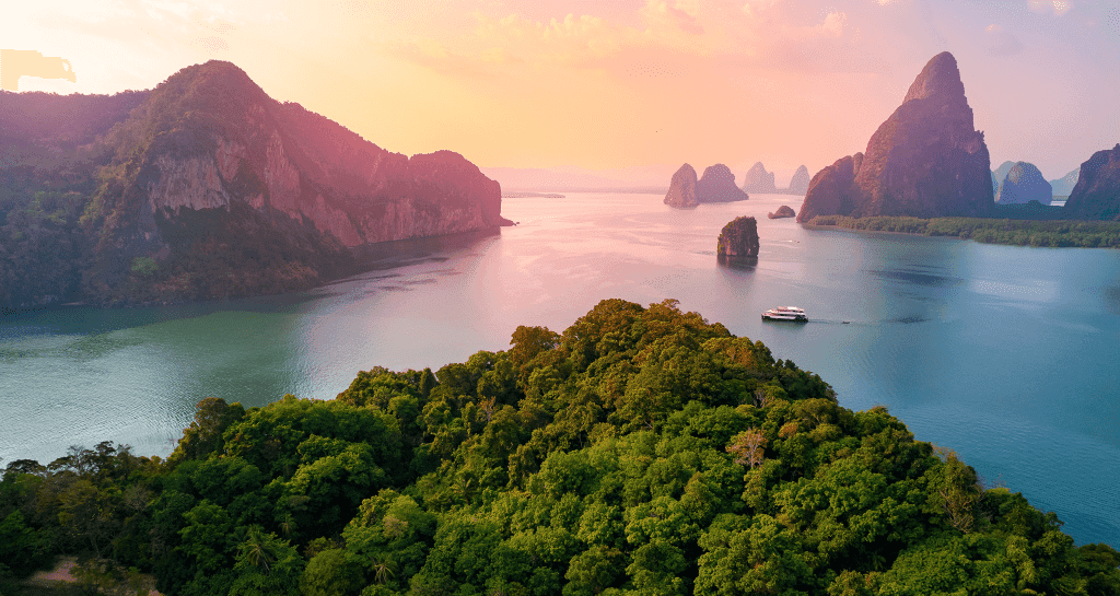 The image displays the breathtaking archipelago of the Mu Ko Ang Thong National Park in the Gulf of Thailand