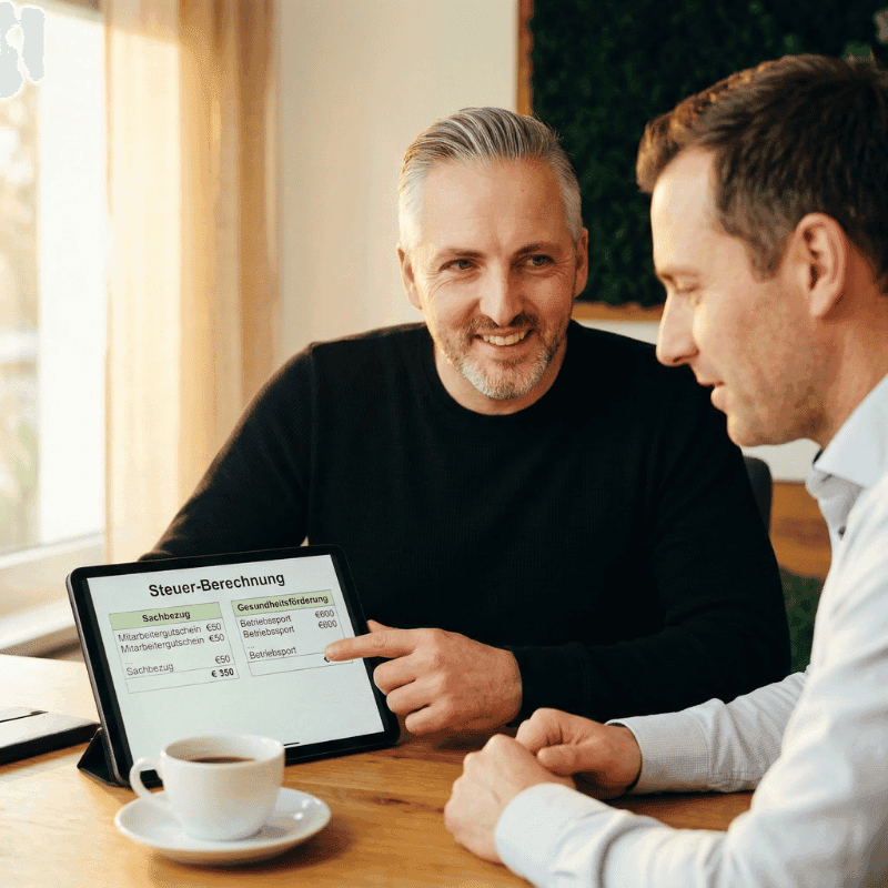 Hannes Weindorf zeigt einem Geschäftsführer die steuerlichen Fördertöpfe für Benefits auf dem Tablet