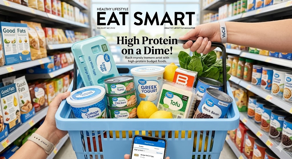 A Walmart shopping basket filled with budget-friendly, high-protein foods like Greek yogurt, eggs, tofu, canned chicken, and spinach, presented as an "Eat Smart" magazine cover.