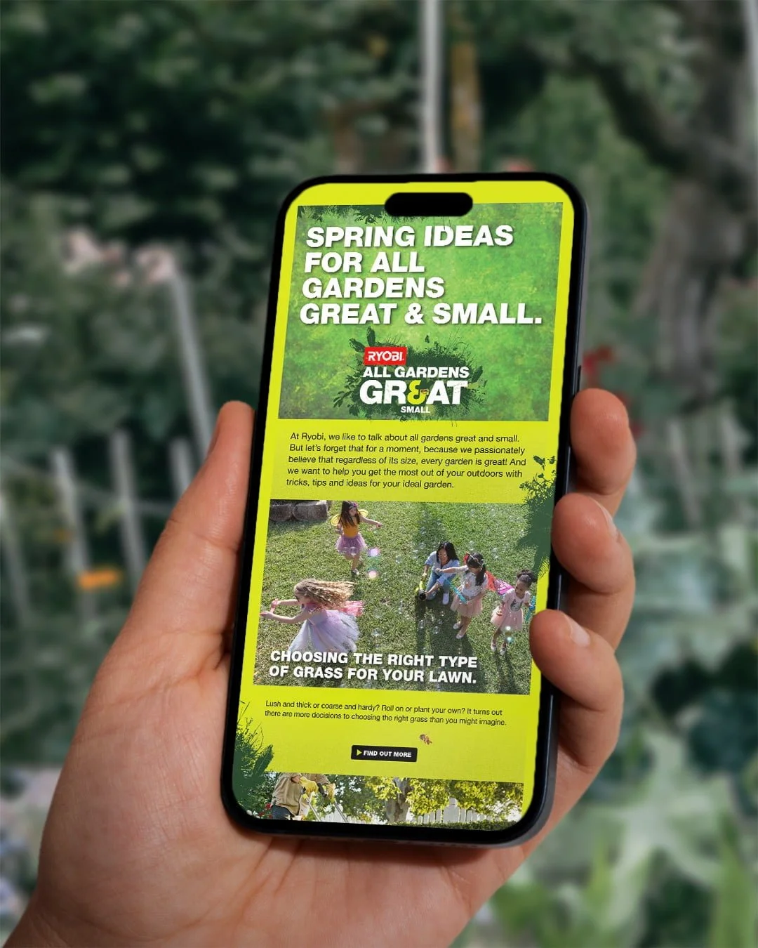 Hand holding a phone showing a Ryobi 'Spring ideas for all gardens great & small' email about choosing lawn grass