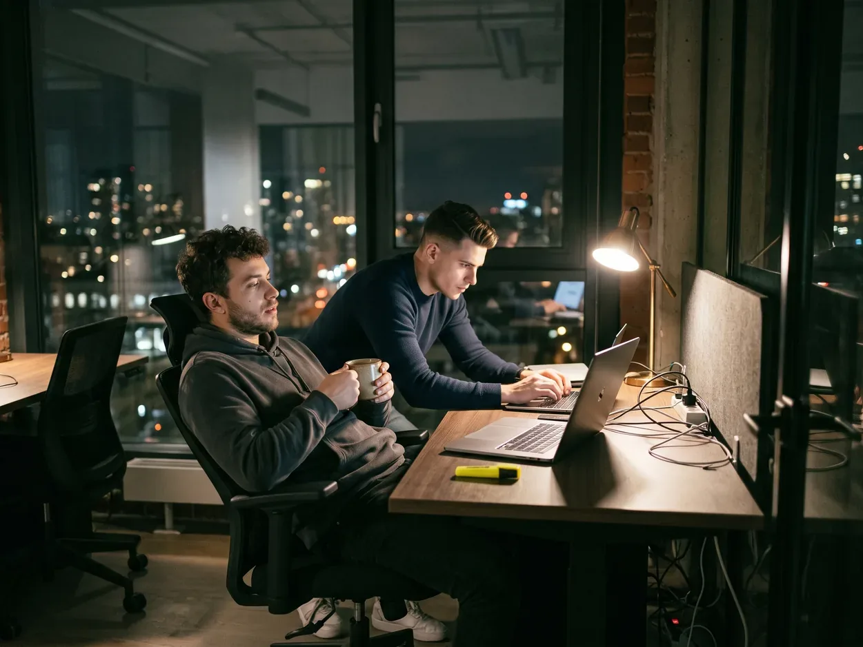 Two developers working late on laptops, city lights outside