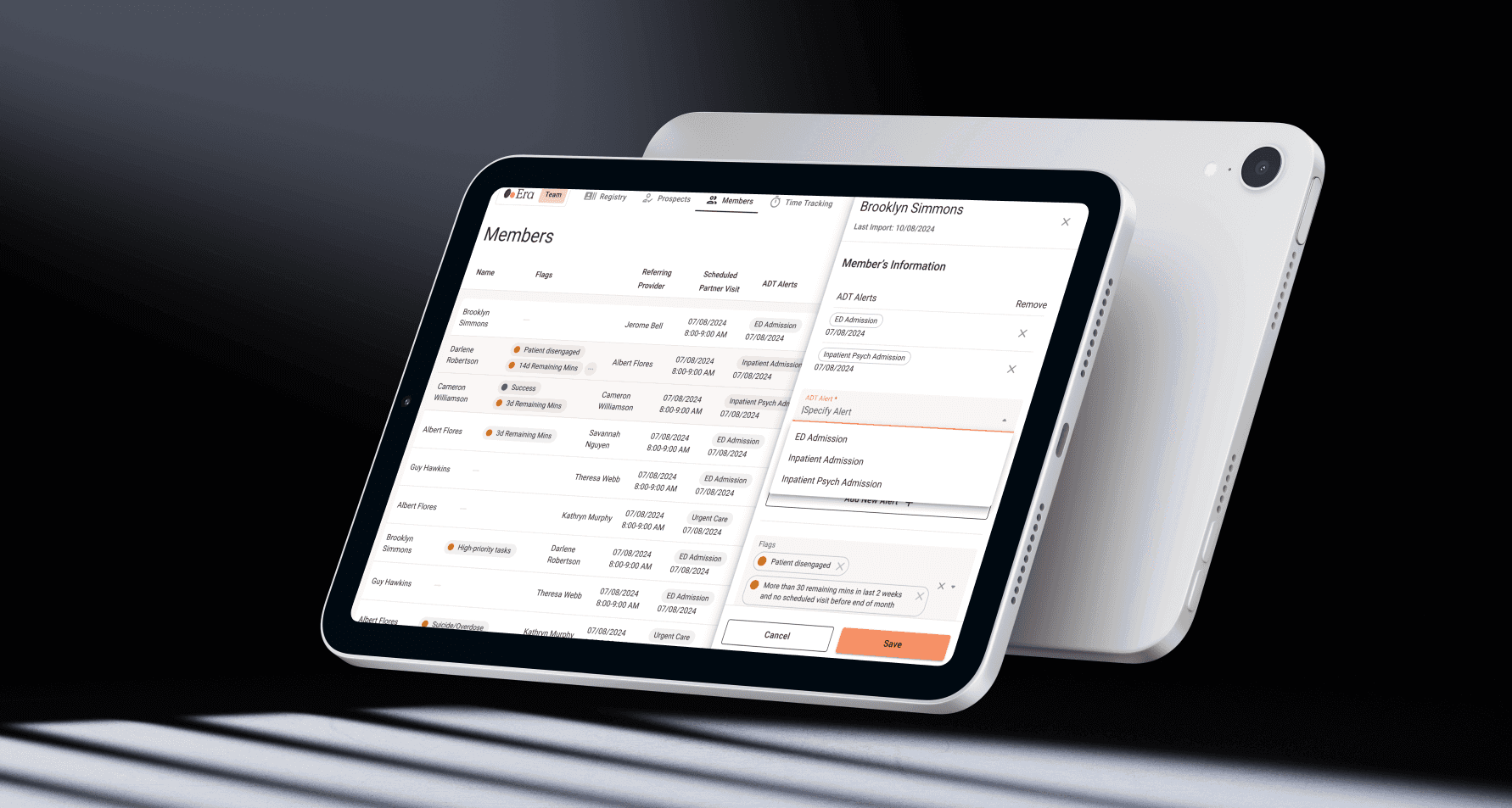 Visualisation of 2 tablets floating in the air. One of them shows the medical records. Over them there is a block of information about specific patient.