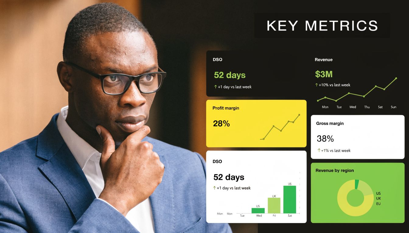 A professional man looking at business dashboard displaying key financial metrics and analytics data on a screen.