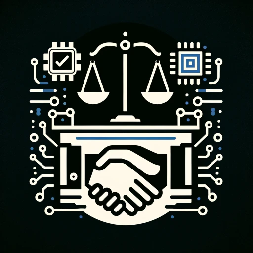 A minimalist image with a three-color dark scheme depicting the concept of 'Legal Validity and Acceptance of AI-Generated Prenuptial Agreements.' Central to the design is a balanced scale symbolizing legal fairness. Below the scale is an icon of a handshake representing mutual acceptance. To the left and right of the scale are microchip and circuit patterns that signify the role of artificial intelligence. The image is designed to convey a merger of legal formality with advanced technology, all without the use of text.