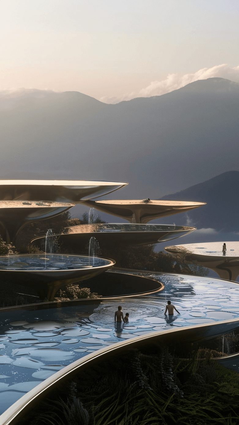 A series of stacked, circular platforms with water features and people relaxing, set against a mountainous backdrop, designed by WGXYZ