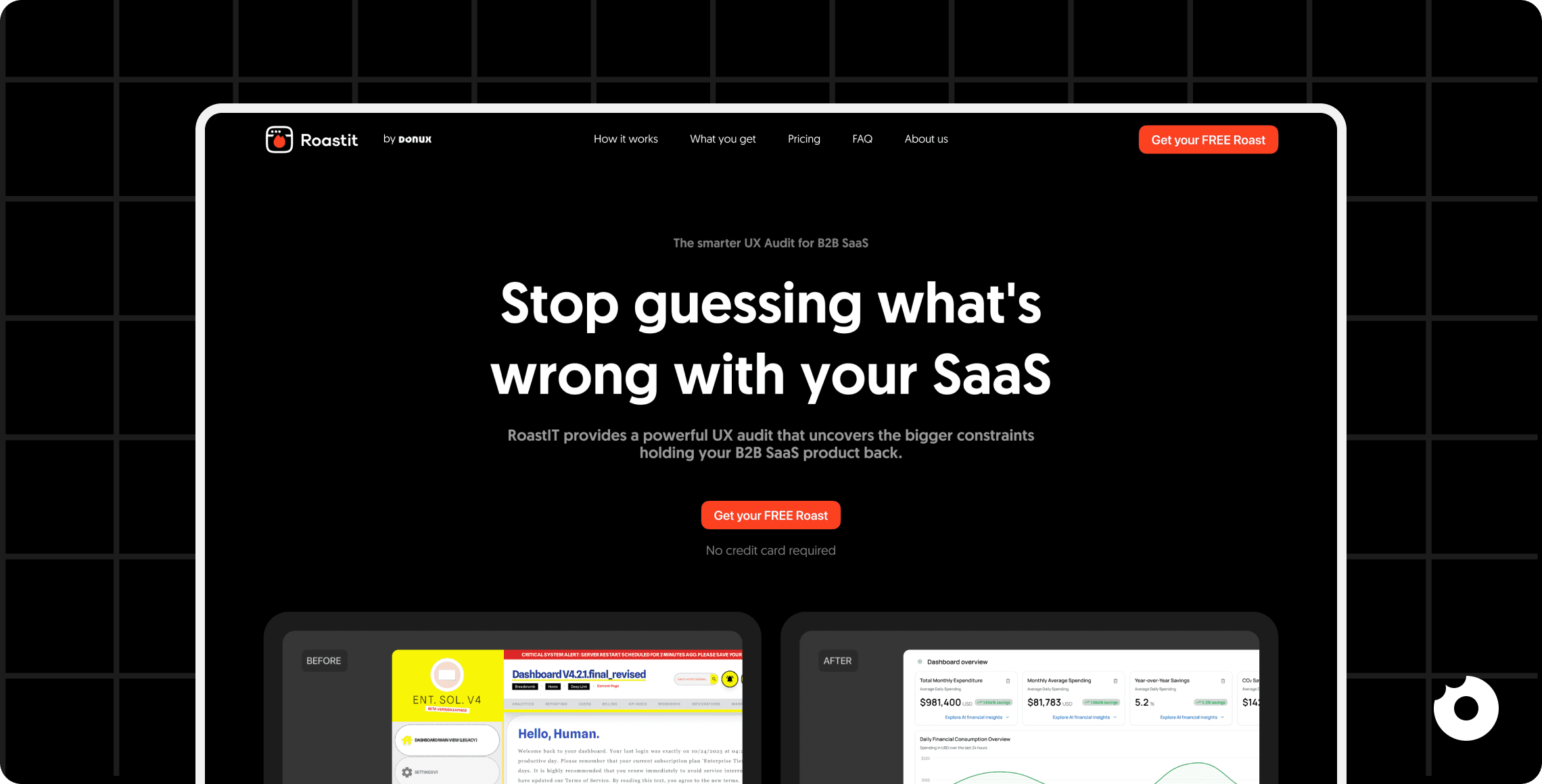 Roastit page with headline ‘Stop guessing what's wrong with your SaaS’