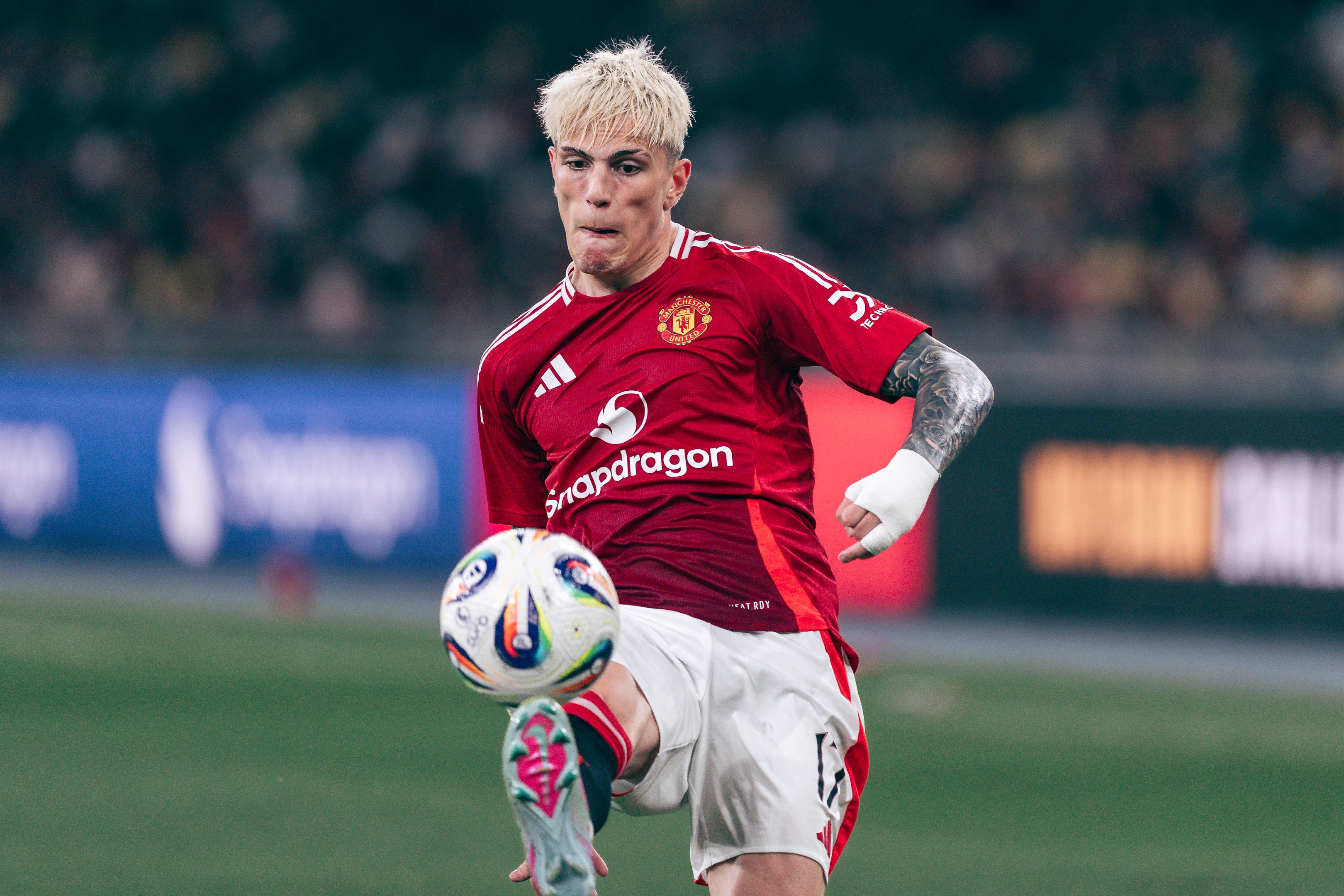 Alejandro Garnacho in action at the Maybank Challenge Cup 2025 match between Manchester United and the ASEAN All Stars