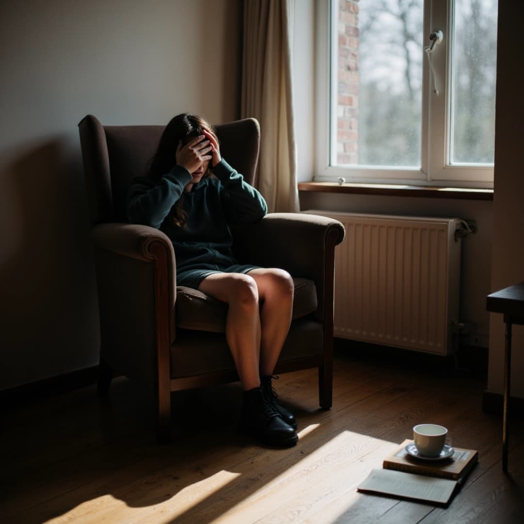 eine frau sitzt in einem sessel in einem zimmer und verwendet ihre hände um ihr gesicht zu verdecken