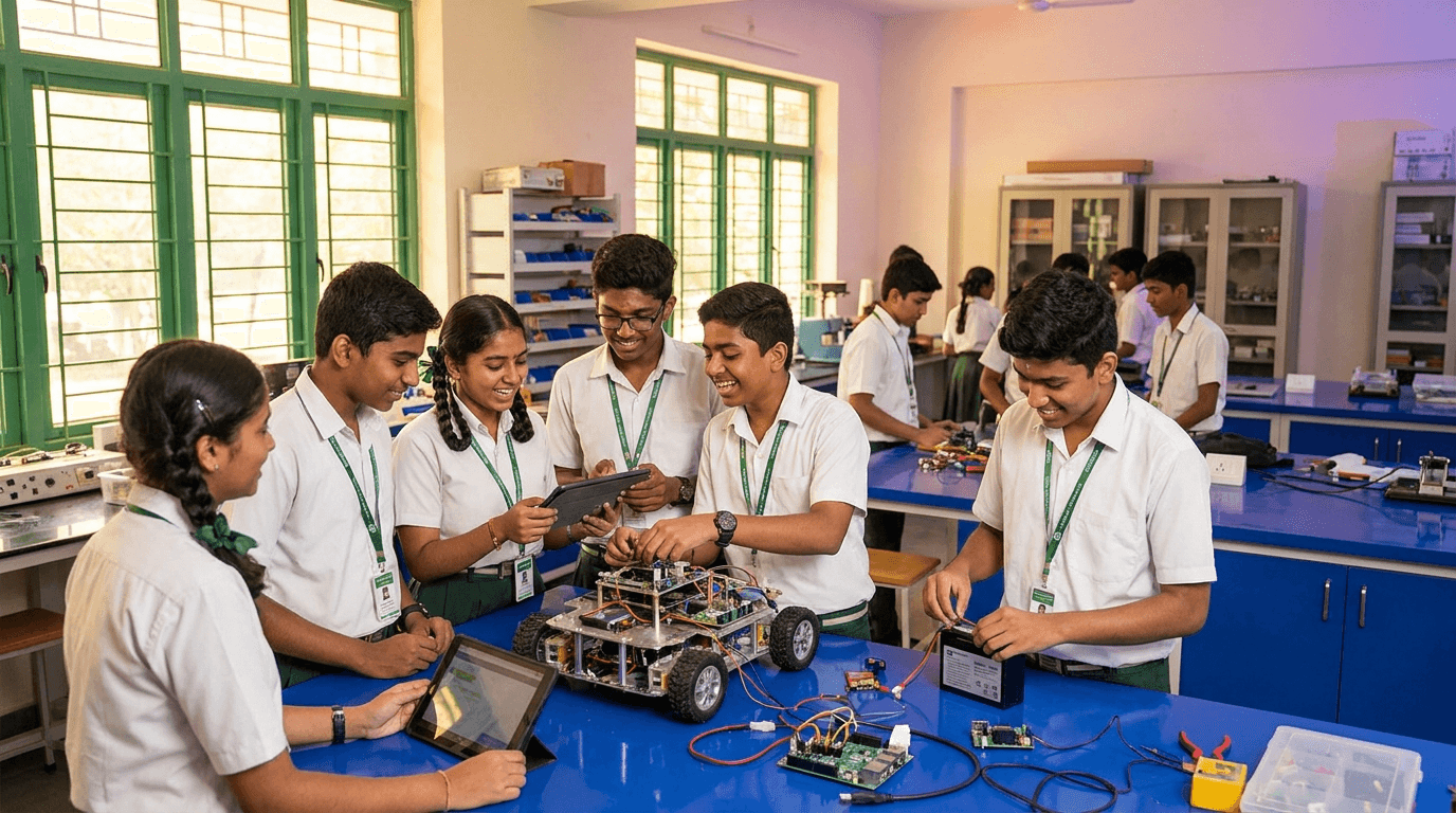 NCFE students building a robot in the STEM lab