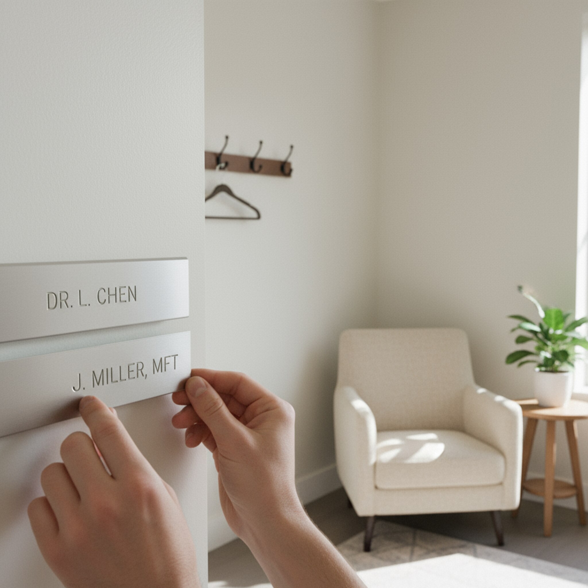 Zwei Namensschilder werden an eine schlichte Magnetleiste gehängt, eines mit einem festen Platz, das andere für flexible Nutzung. Ein ruhiger Raum mit neutralen Farben liegt im Hintergrund. Die Szene spiegelt klare Rollenverteilung und geordnete Nutzung der Praxisräume wider.
